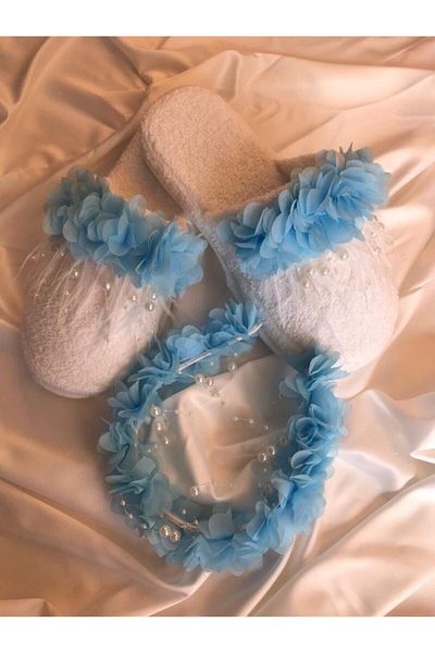 Hobigram Lohsa Sets White Pearl Blue Flower Decorated Maternity Slippers Crown Set – Maternity Set, Stylish Design