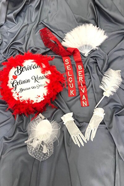 Hobigram Tüylü Def,kalem,nikah Şapkası,isimli Kuşak,yelpaze,eldiven Takım – Kına Eğlence Aksesuarı – Kına Eğ