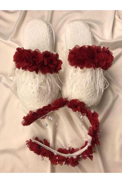 Hobigram Lohsa Sets White Pearl Burgundy Flower Decorated Maternity Slippers Crown Set – Maternity Set, Stylish Design
