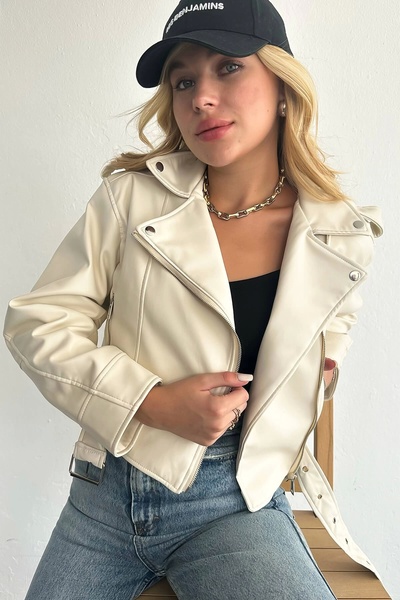 Eka Γυναικείο Δερμάτινο Μπουφάν με Ζώνη Μπεζ 1007-1031