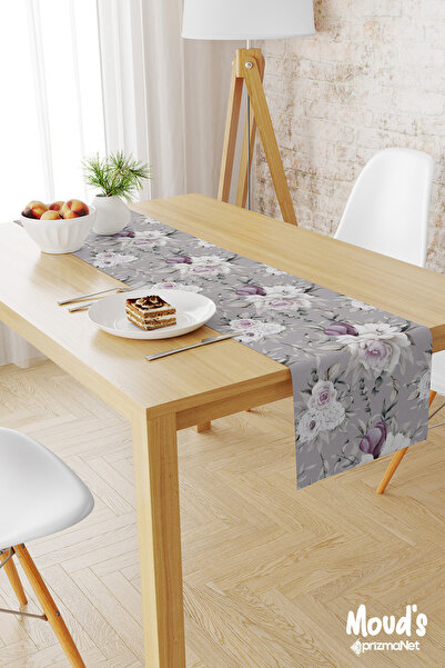 Moud's Τραπεζομάντηλο Runner σε γκρι μωβ λουλουδάτο μοτίβο