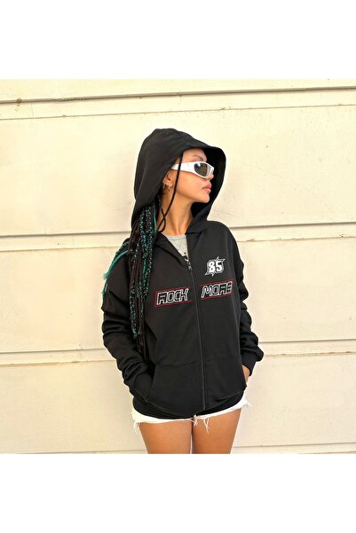 DEEFWEAR Cardigan cu glugă unisex negru supradimensionat cu imprimeu Rock More