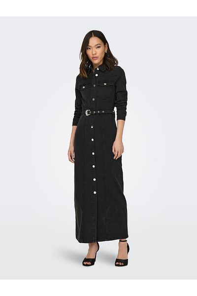 ONLY ONLMYTH LIFE BELT DNM MAXI DRESS Waist Belted Maxi Length Shirt Collar Button Closure Denim Dress