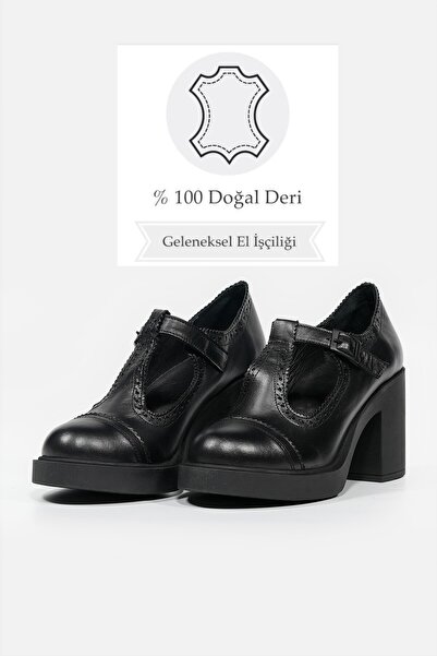 TUNAELLİ WOMEN'S BLACK GENUINE LEATHER STRAP THICK HEEL SHOES