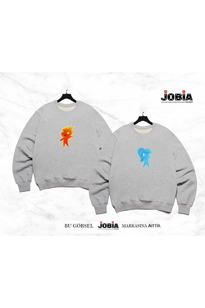 Jobia Outdoors Γυναικείες άντρες με στάμπα φωτιάς και νερού Lover Couple Combination Crew Neck 3 Thread Raster Σετ 2 τεμαχίων