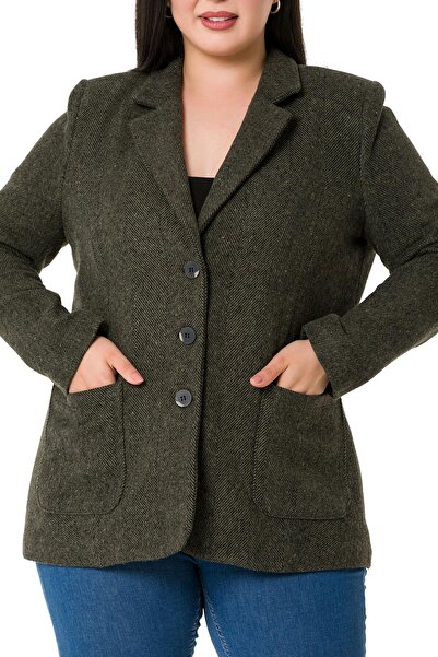 DISENTIS MODEST Large Size Pocketed Houndstooth Blazer Lined Khaki Jacket