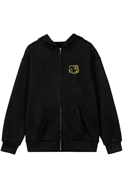 Violon Smile Kitty Printed Oversize Zippered Black Unisex Hooded Cardigan