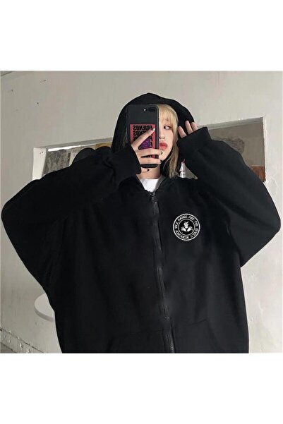 Violon سترة بغطاء للرأس سوداء اللون للجنسين مطبوعة بجمجمة الشيطان كبيرة الحجم