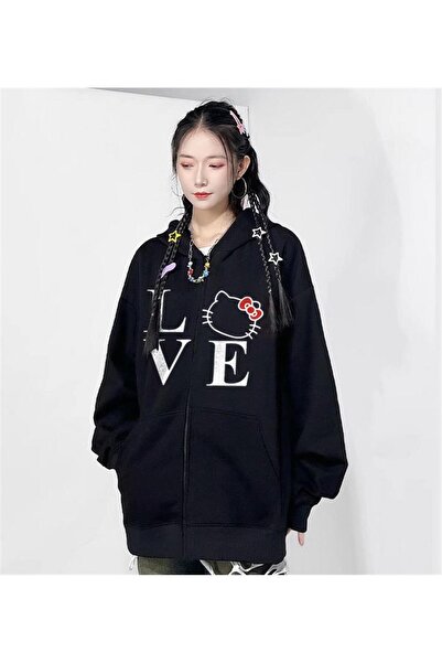 Violon كارديجان بغطاء للرأس بسحاب أسود كبير الحجم مطبوع عليه Love Cat للجنسين