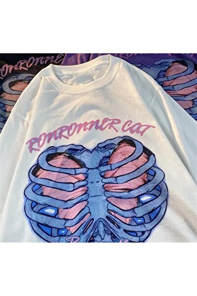 Violon Tricou oversize unisex alb Ronronner Cat Rib