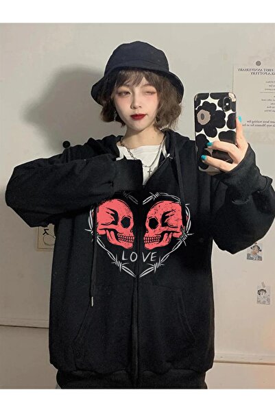 Violon Love Skulls Printed Oversize Zippered Black Unisex Hooded Cardigan