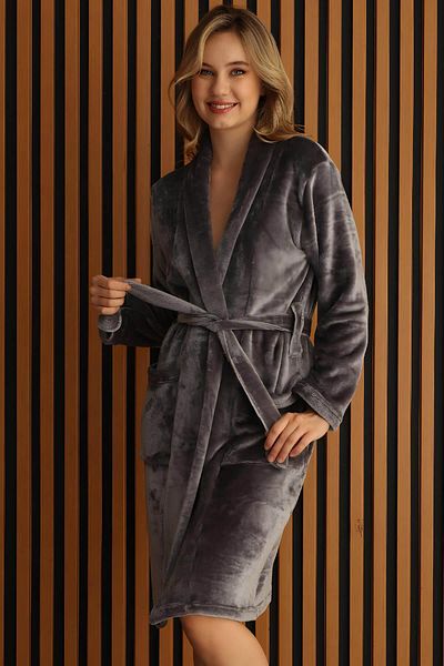Pijamaevi Dark Gray Soft Long Plush Women's Dressing Gown with Pockets