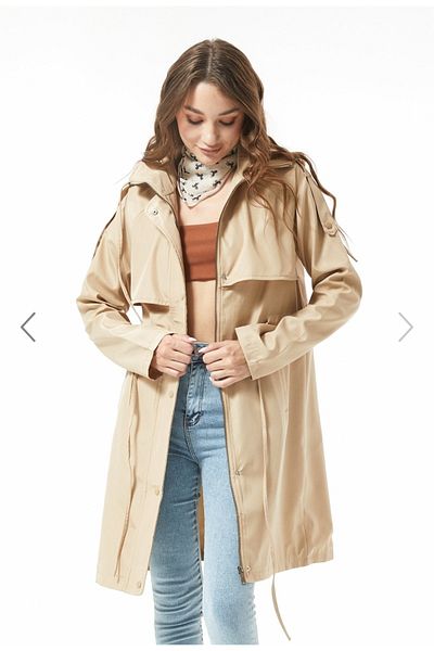 Alegante Women's Zippered Waist Gathered Wide Fit Hooded Milk Brown Trench Coat