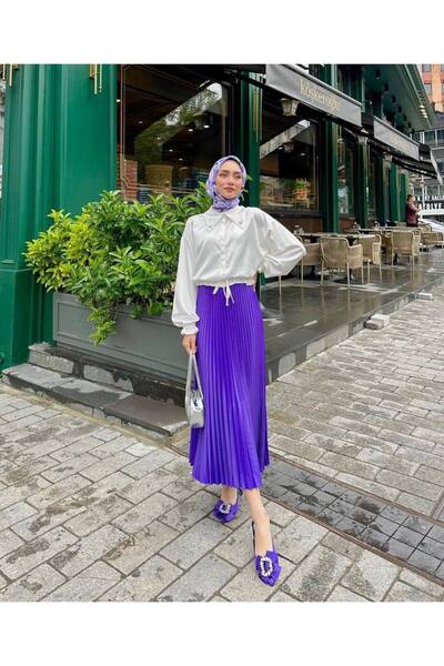 pamuckdesign Pliseli Saten Görünümlü Uzun Etek