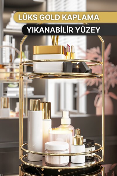 Bino Banyo Düzenleyici 2 Katlı 40 CM Gold Lüks Düzenleyici Organizer Banyo Rafı Şampuanlık Dekoratif