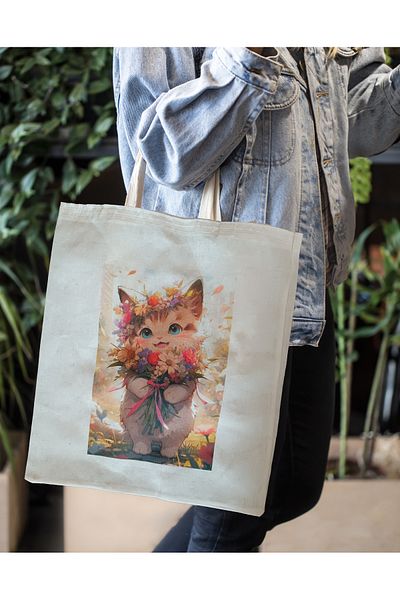 Zimsah Geantă din pânză brută imprimată Flower Cat