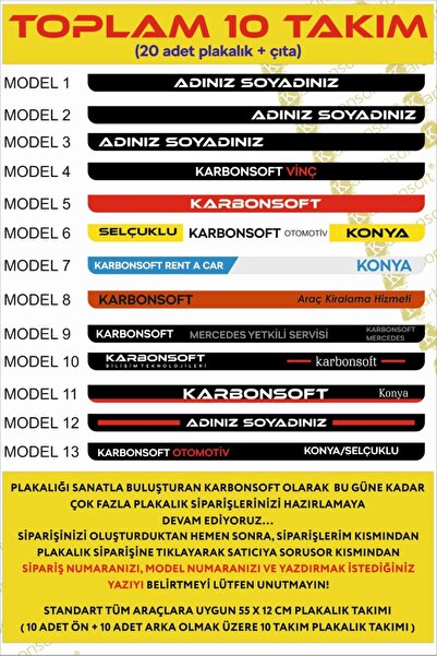 karbonsoft Kişiye Özel Isimli 10 Takım (20ADET) Araç Logo Kabartmalı Siyah Oto Plakalık