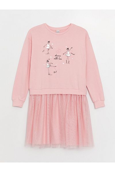 LC Waikiki Bedrucktes, langärmliges Mädchenkleid mit Rundhalsausschnitt