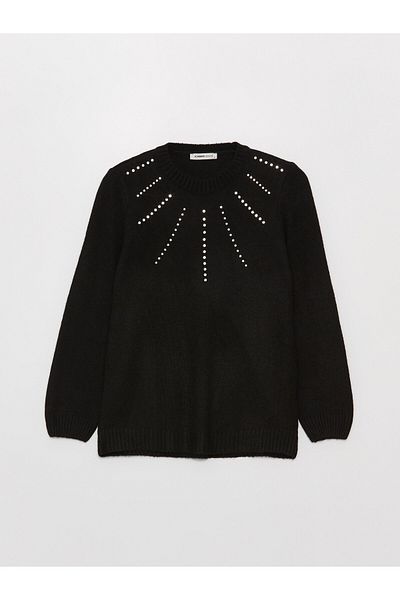 LC Waikiki Dámská pletená tunika s dlouhým rukávem s potiskem Crew Neck