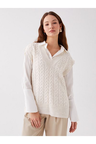 LC Waikiki V-Neck Self-Patterned Oversize Women's Knitwear Sweater