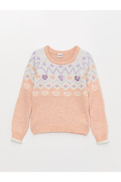 LC Waikiki Patterned Crew Neck Long Sleeve Girls' Knitwear Sweater