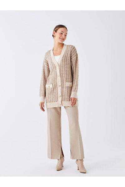 LC Waikiki V-Neck Patterned Long Sleeve Women's Knitwear Cardigan