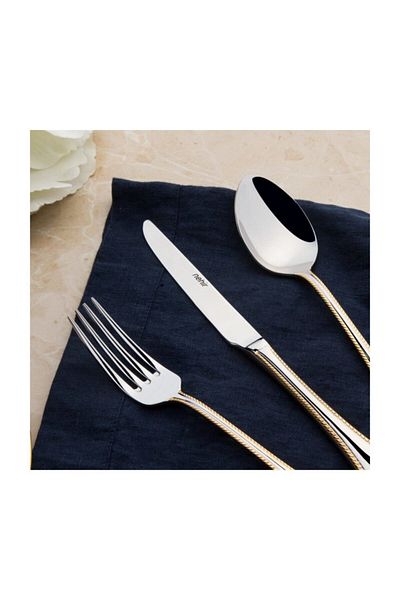 Nehir Fulya 24 Carat Plain Gold Plated 60 Piece Cutlery Set with Cardboard Box Without Knife