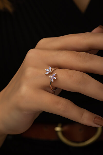 SUNSHINE 925 Ayar Rose Kaplamalı Lila Taşlı Zarif Çiçek Gümüş Yüzük