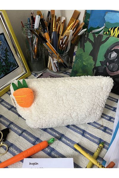 sumicorn Cute Carrot Plush Washable Zippered Gingham Lined Cloth Pen Holder Pencil Case Makeup Bag
