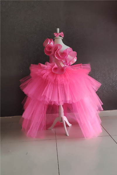 NGS STİL Neon Fuchsia One Shoulder Lettuce Collar 14 Layer Dress