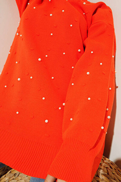 benguen 5033 Pearl Detailed Knitwear Tunic Orange