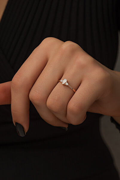 SUNSHINE 925 Ayar Rose Kaplamalı Ortası Beyaz Damla Taşlı Gümüş Yüzük