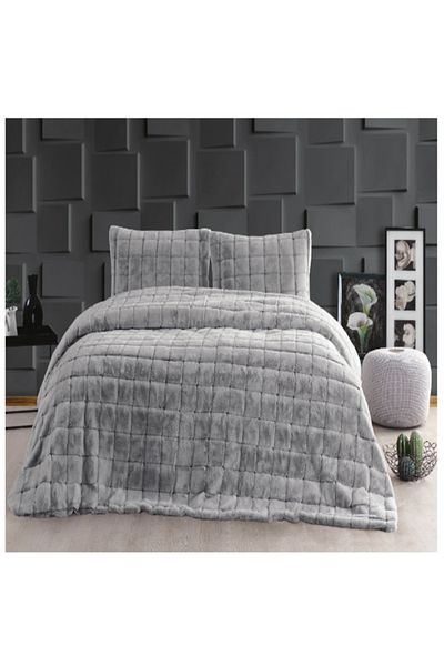 Merinos Luxe Gray Checkered Double Bedspread Set