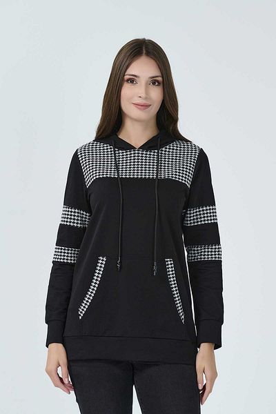 TOLGA SARAÇOĞLU Tolga Saraçoğlu Hooded Houndstooth Black Women's Sweatshirt 23KSWT10522