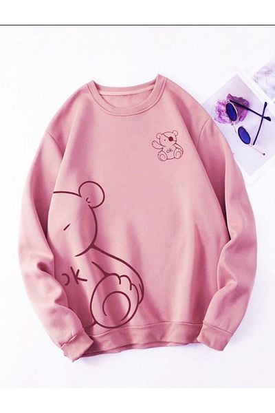 FAVORİST Cute Bear Printed Crew Neck Oversize βαμβακερό φούτερ (ΜΕΓΑΛΗ ΕΦΑΡΜΟΓΗ)