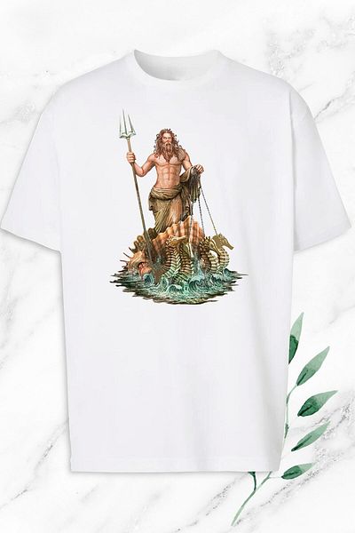 Pisa Art Unisex Λευκό Oversize Μυθολογία Θεός των Θαλασσών Ποσειδώνας Γλυπτό με στάμπα μπλουζάκι