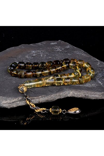 Tesbihsepetim GÜMÜŞ PÜSKÜLLÜ FIÇI KESİM FOSİLLİ DAMLA KEHRİBAR TESBİH