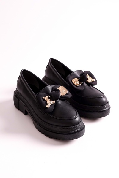 Shoeberry Жіночі мокасини на товстій підошві з бантом з чорної шкіри Astor