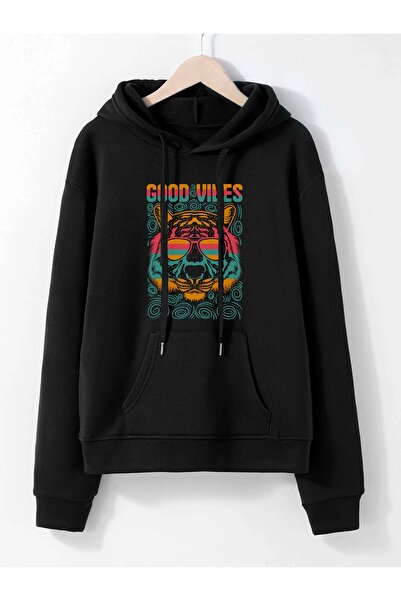 Deocept Unisex Good Vibes Printed Oversize Hooded Sweatshirt