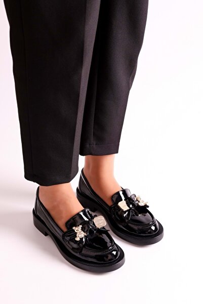 Shoeberry Maren Black Patent Leather Loafer - Teddy Bear Buckle, Wrinkled Cut