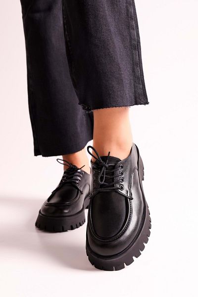Shoeberry Women's Bowie Black Skin Lace-Up Loafer Black Skin