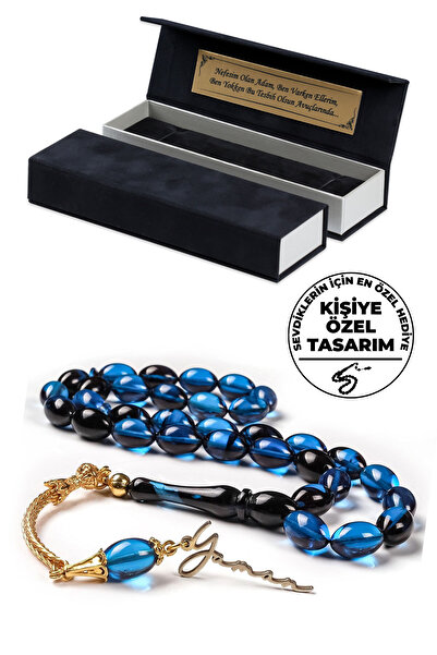 TESBİHCİBABA Erkek Hediyelik Gece Mavisi Ateş Kehribarı Isimli Tesbih, Imzalı Tespih