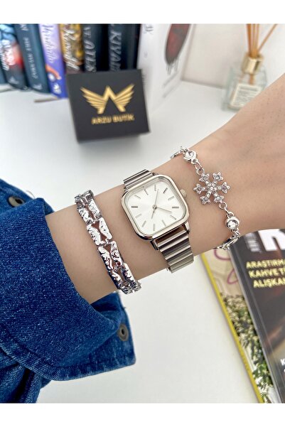 Arzu Butik Women's Wristwatch Minimal Square Metal Strap Silver Color & With ...