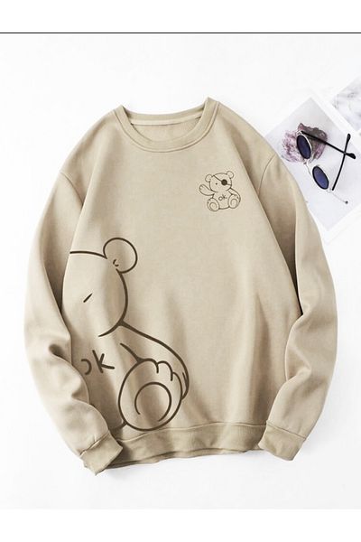 FAVORİST Cute Bear Printed Crew Neck Oversize βαμβακερό φούτερ (ΜΕΓΑΛΗ ΕΦΑΡΜΟΓΗ)