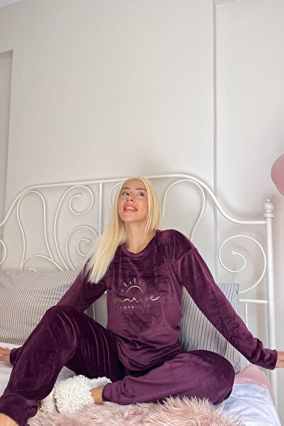 Pijamaevi Mürdüm Sunshine Desenli Exclusive Kadife Kadın Pijama Takımı