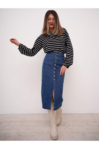 SHEVEGA Navy Blue Lycra Buttoned Denim Jeans Skirt