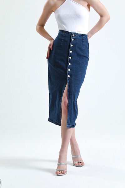 SHEVEGA Navy Blue Lycra Buttoned Denim Jeans Skirt