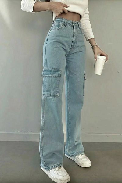 Trn JNS Sophia Women's Baby Blue Extra High Waist Palazzo Jean with Cargo Pocket and No Back Pocket