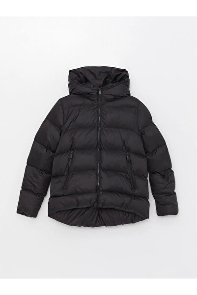 1Moda1Tarz Women's Black Lined Hooded Zippered Puffer Coat