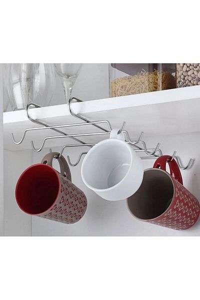 Kenpool Under Shelf 10 Hooks Portable Cup Holder, Practical Cup Hanger Stainless Chrome Plated
